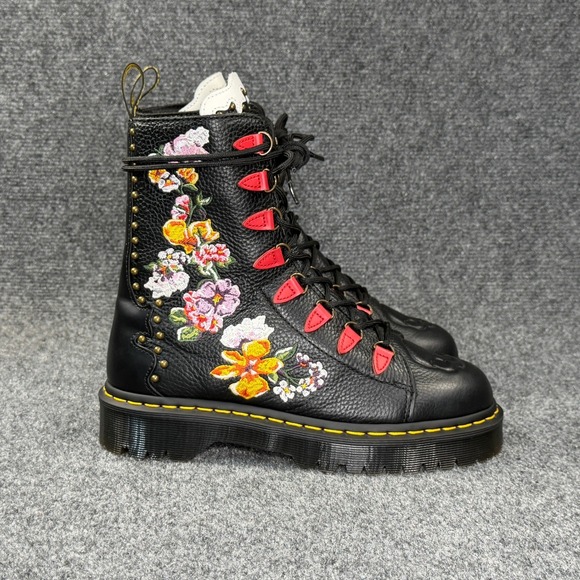 Dr. Martens Shoes - Dr. Martens Nyberg Boots Women's 8 Black Leather Grunge Floral Embroidery Combat